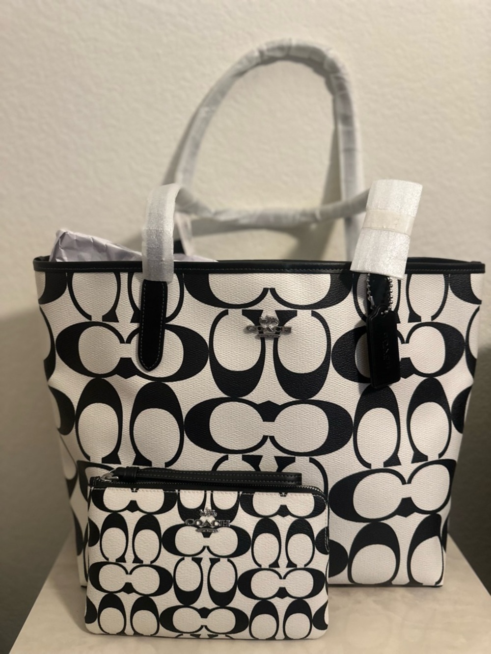 Authentic Coach Monogram Black and White Signature Tote with Matching L Wristlet